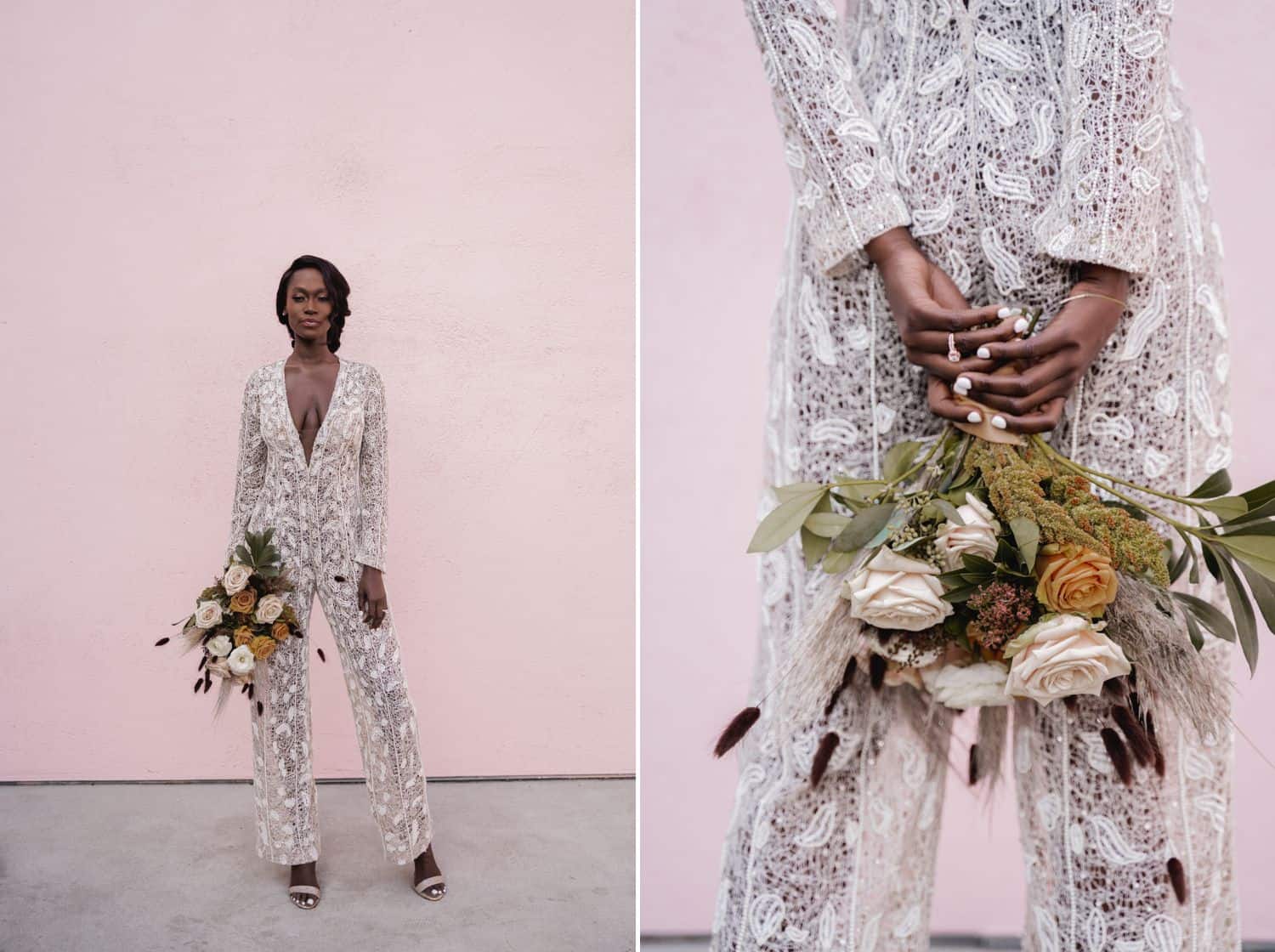 In this diptych, a Black bride in a lace jumpsuit holds her large wildflower bouquet against a pink wall.
