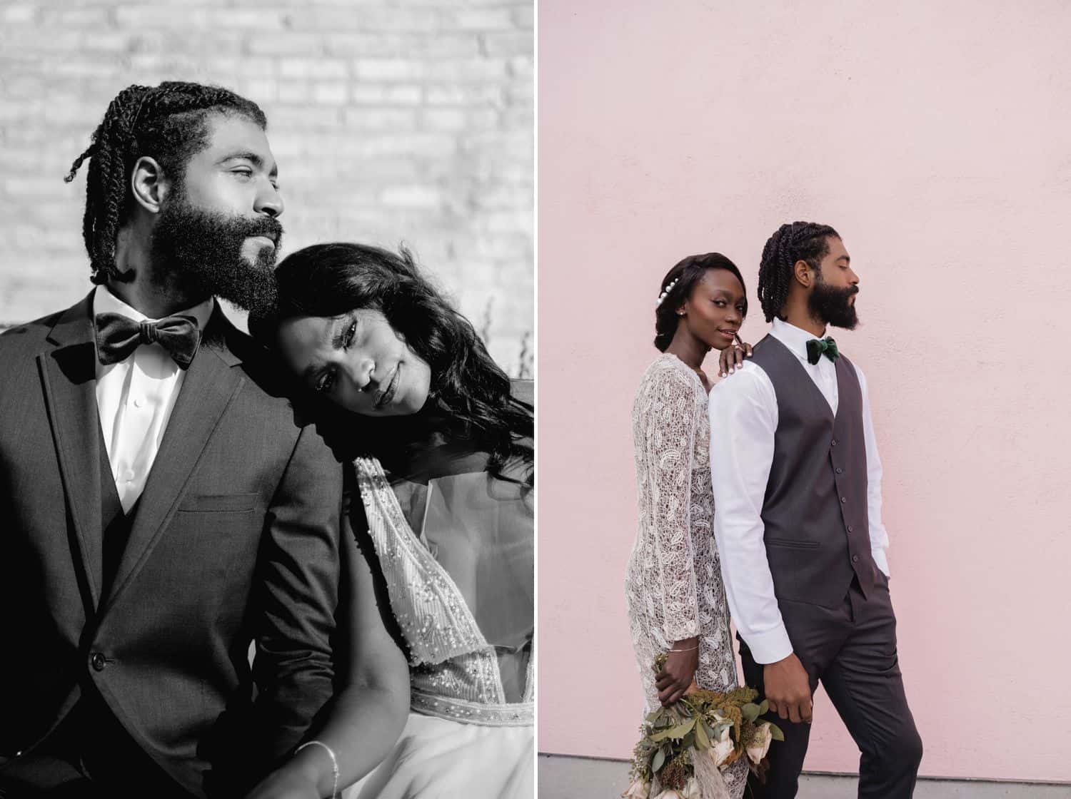 A Black bride and groom pose together in front of a brick wall for a black and white portrait, then again before a pink wall for a color photo.