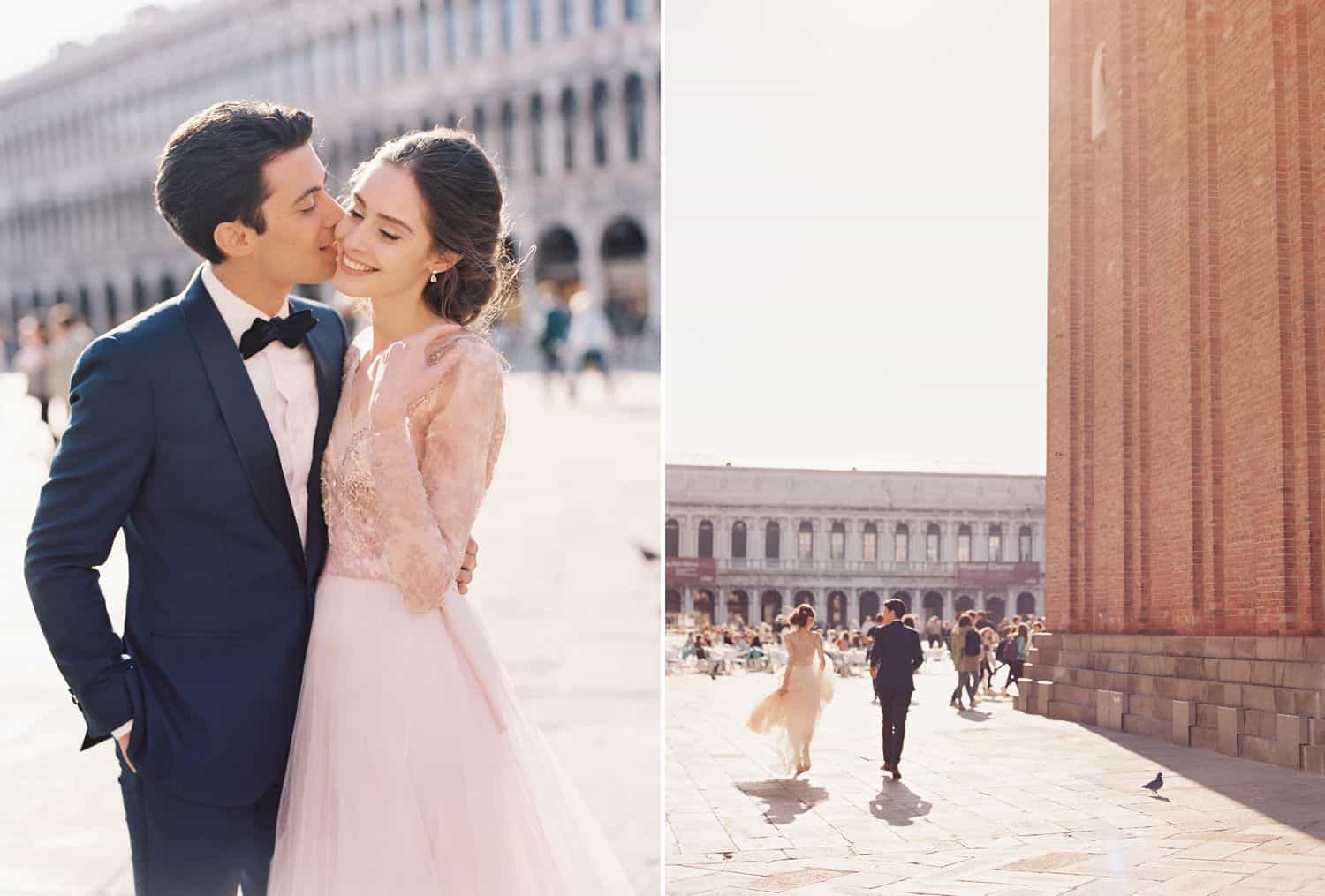 A bride and groom tour Italy in a blue tuxedo and a pink wedding gown.