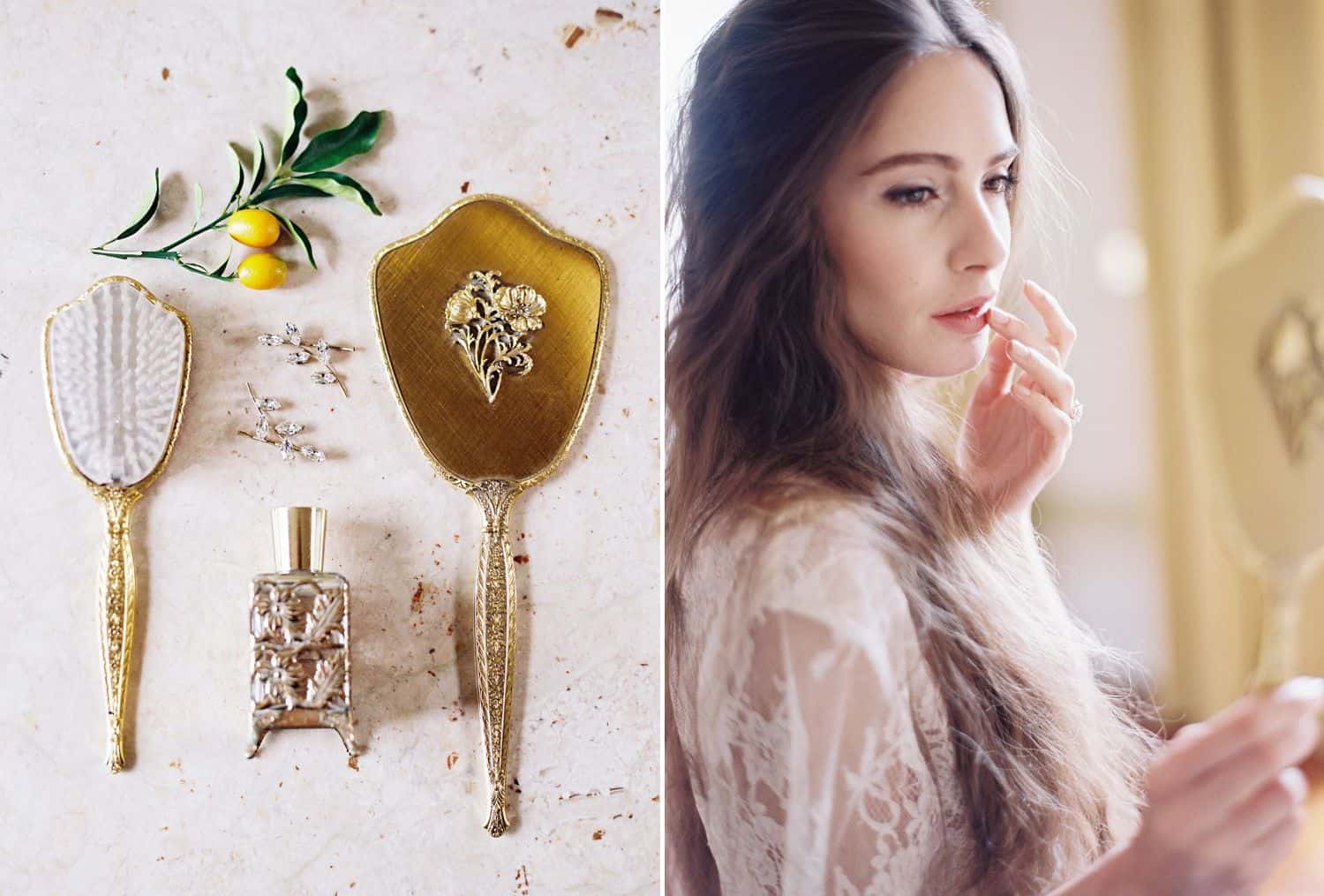 A long-haired bride stands in window light beside a set of gold beauty accessories.