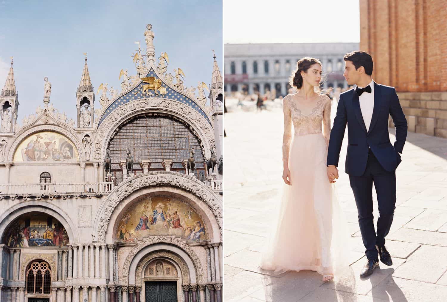 A bride in a pink dress walks through an Italian courtyard with her groom who's wearing a blue tuxedo.