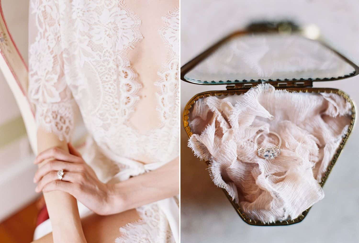 A bride's diamond engagement ring is displayed on her finger and again in a glass box cushioned with silk.