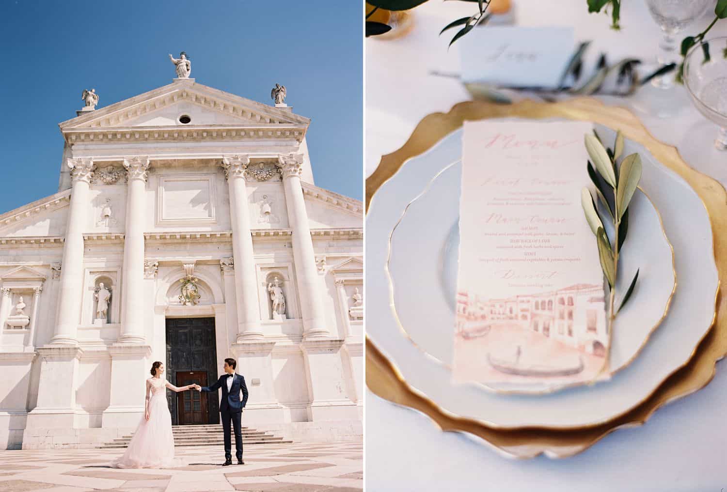 A bride and groom stand before an Italian cathedral under a bright blue sky.